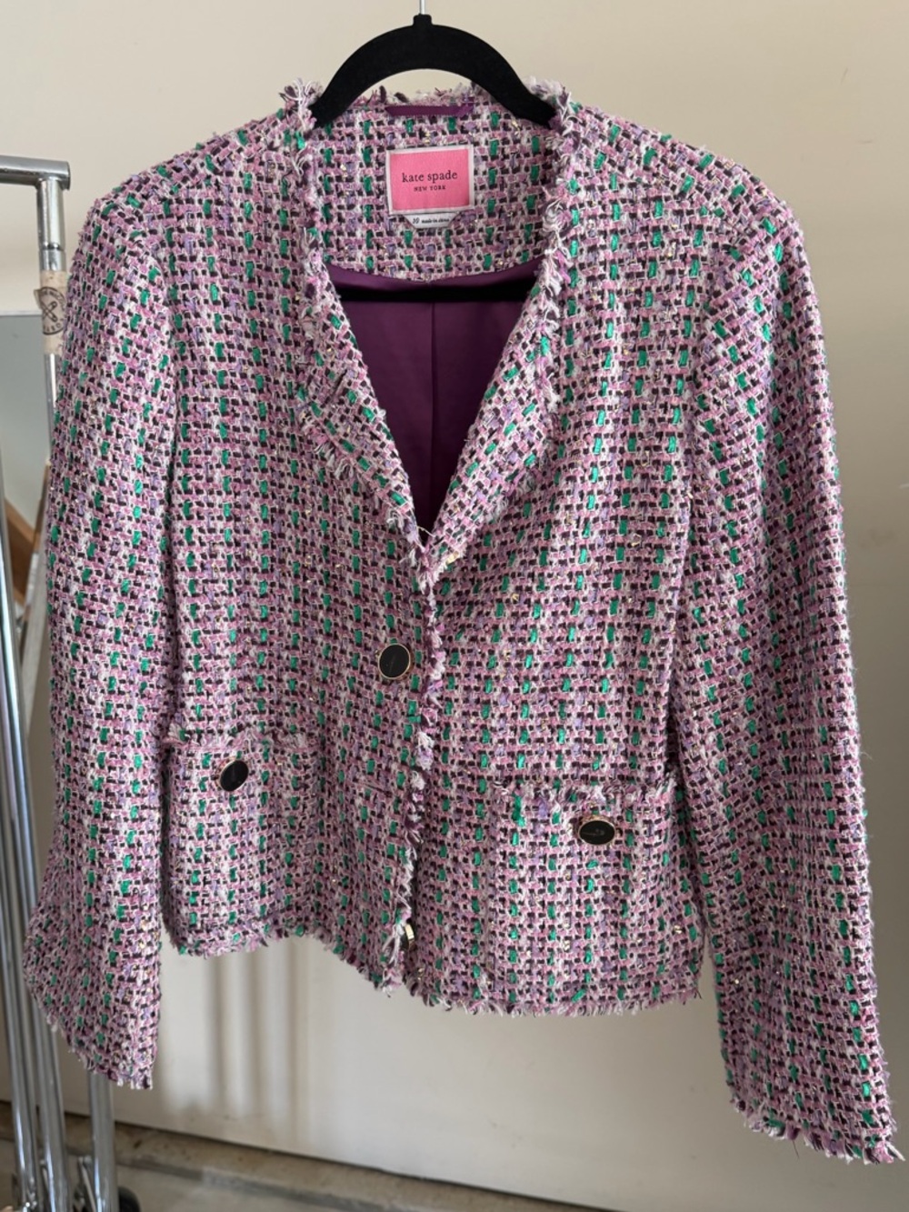 kate spade Pink & Green Tweed Frayed-Trim Cropped Jacket